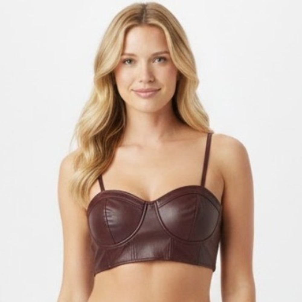 NEW Future Collective Reese Blutstein Faux Leather Crop Top Bralette‎ Burgundy L